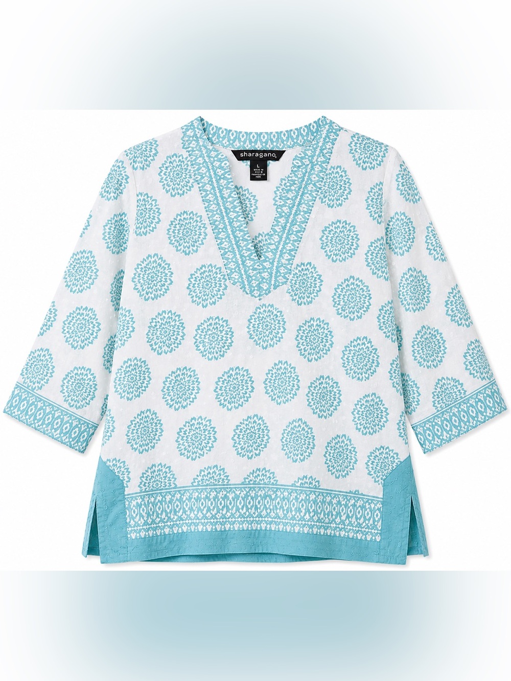 Sharagano 100% Cotton White Tunic with Aqua Medallion Print- L